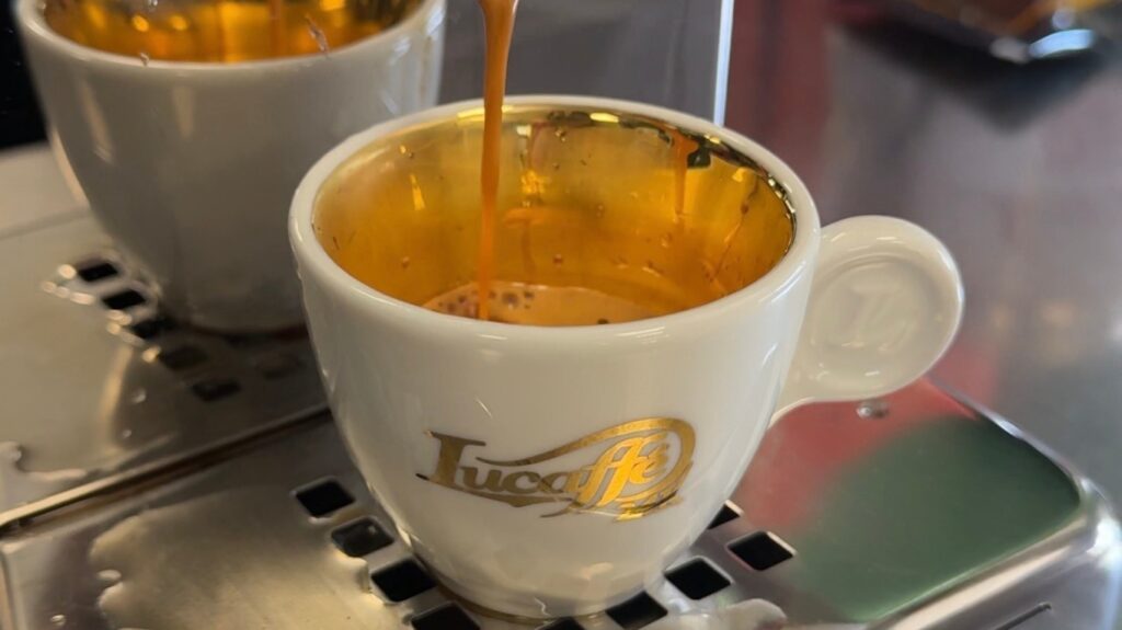 zdjęcie przedstawia zbliżenie na białą filiżankę ze złotym logo Lucaffe oraz złotym wnętrzem; do filiżanka nalewa się kawa z ekspresu ciśnieniowego